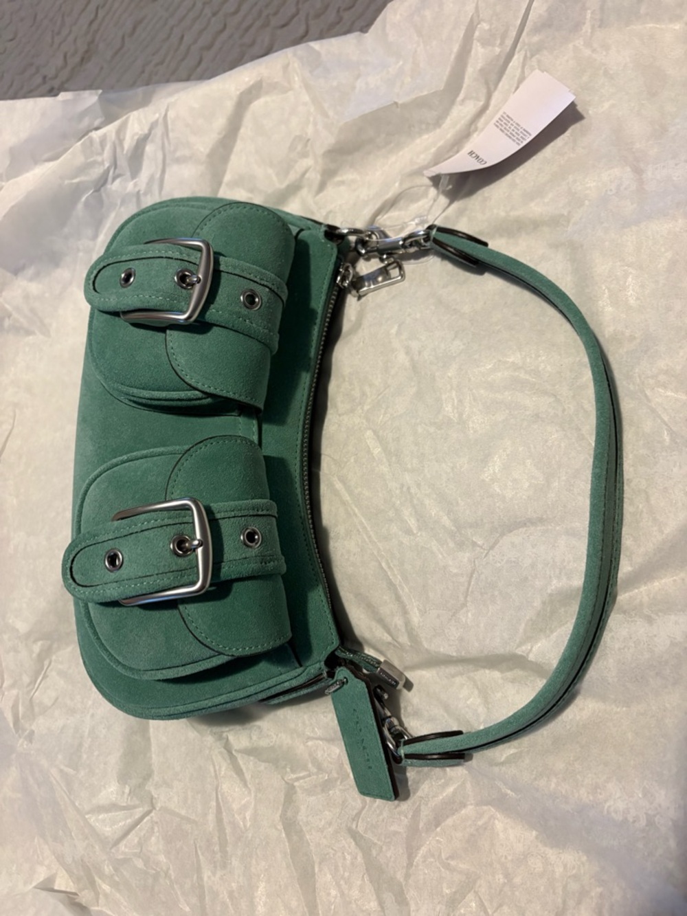 Coach Green Suede Double-Buckle Mini Shoulder Bag